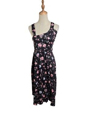 Lanz Originals Vintage Floral One-Shoulder Midi Dress in Black and Pink